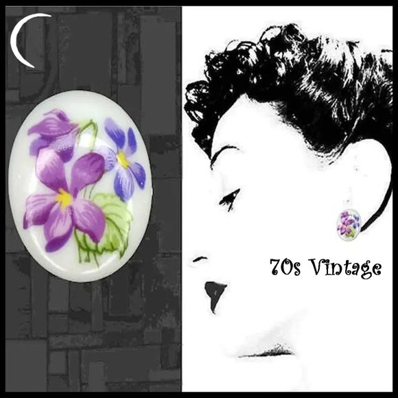 Vintage Floral Post Back Earrings, Flower Decal On Porcelain - Picture 1 of 15